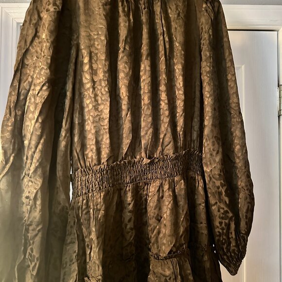 Joy Joy Olive Jacquard Leopard Smocked Waist Mini Dress Size Small NWOT - Picture 7 of 9